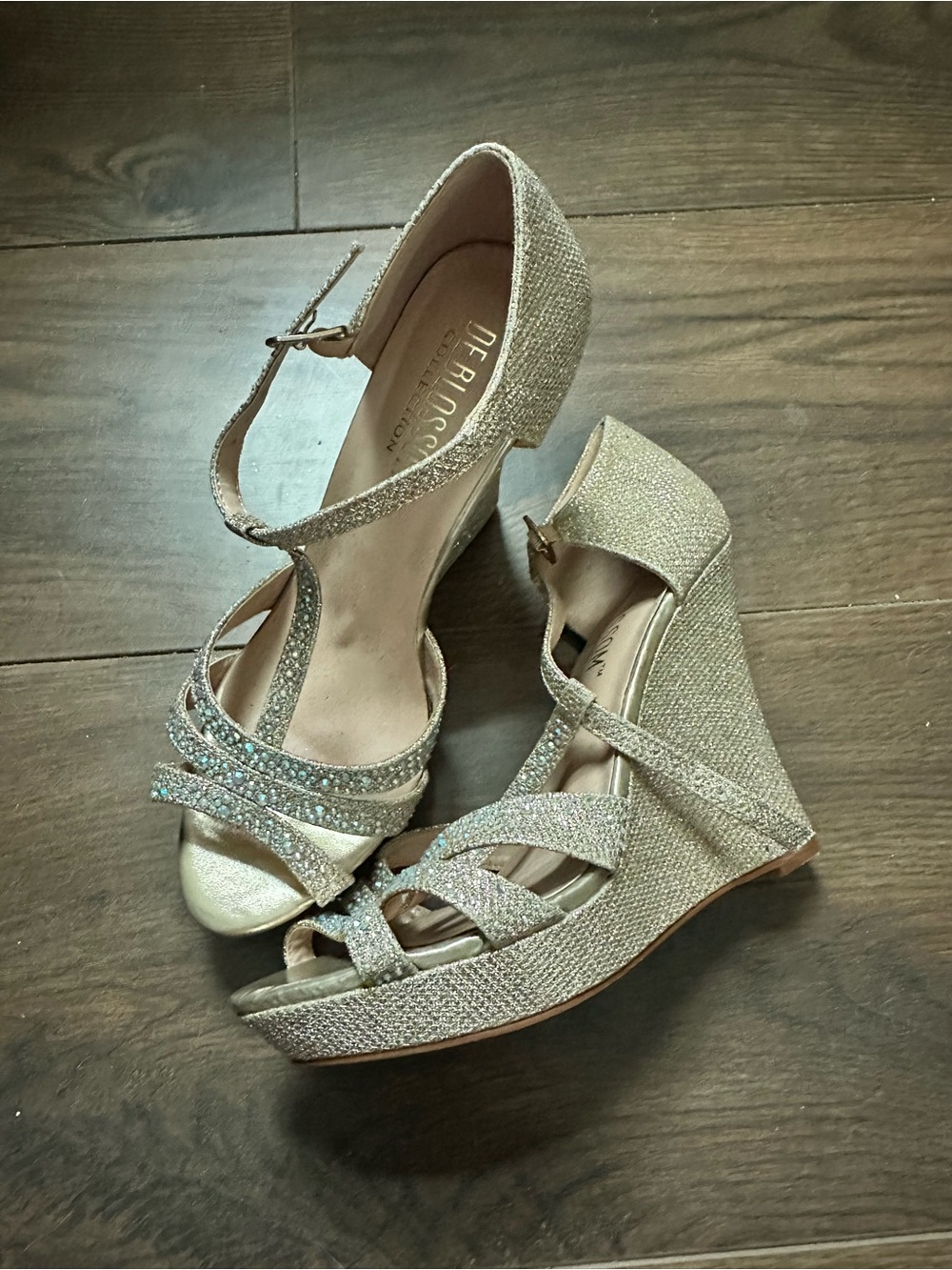 De Blossom Collection Gold Glitter Wedge Sandals with Rhinestone Straps